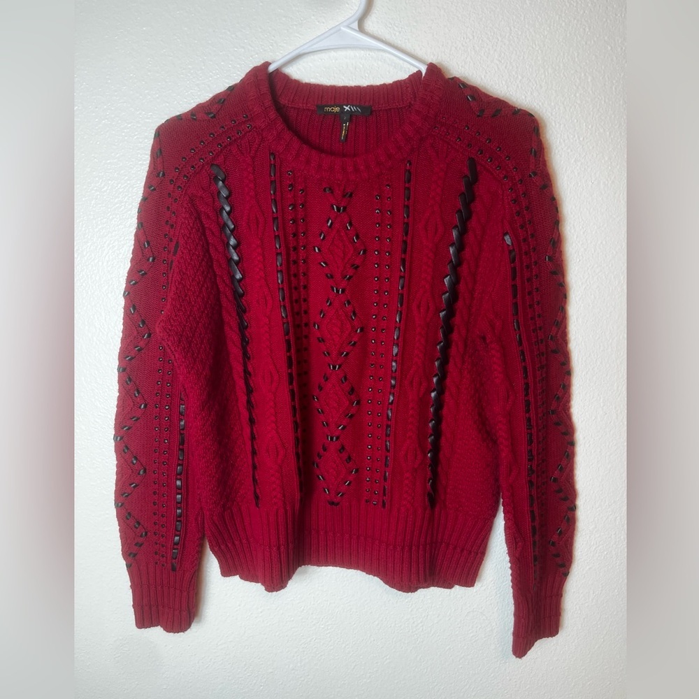 Maje Red Knit Sweater with Faux Leather Braiding Size 2/US M - Picture 1 of 7